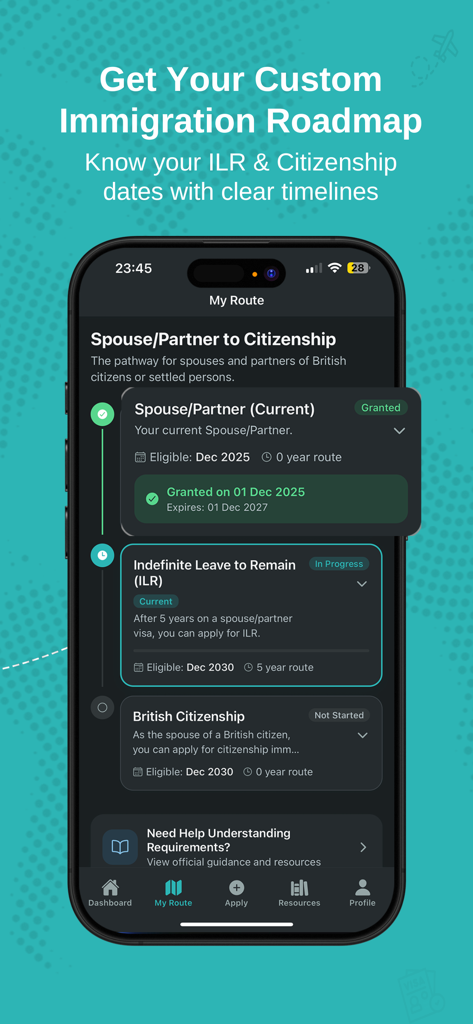 A mobile screen from the Visa Route Diary app showing a personalized UK immigration roadmap for spouse and partner visa categories including ILR and citizenship timelines.