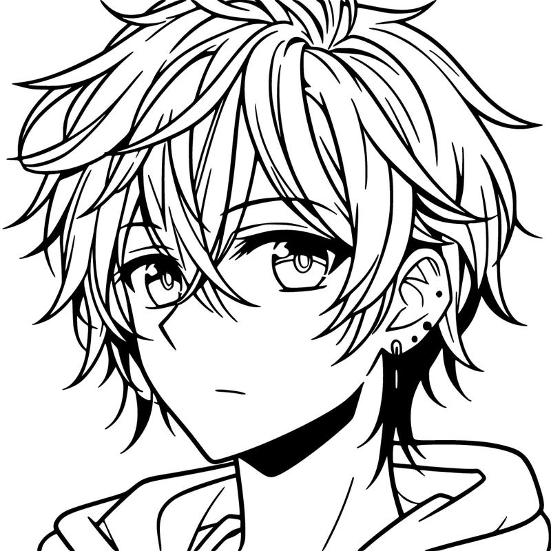 anime boy with shoulder-length hair with a pierced ear and medium-sized eyes