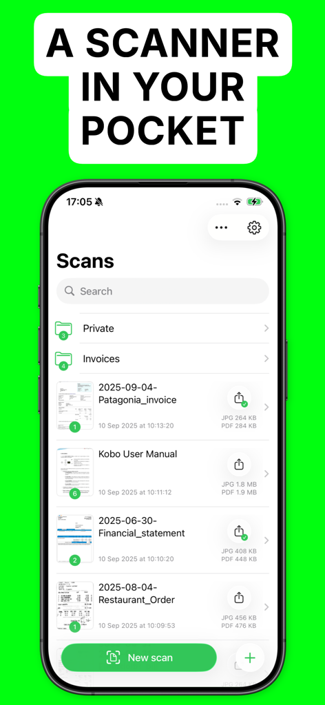 QuickScan app interface on an iPhone showing a list of scanned files like invoices and manuals