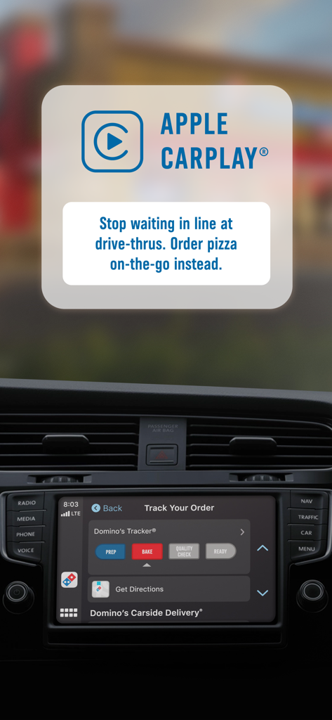 Domino's Pizza USA - Dominos Pizza Tracker interface displayed on an Apple CarPlay dashboard screen