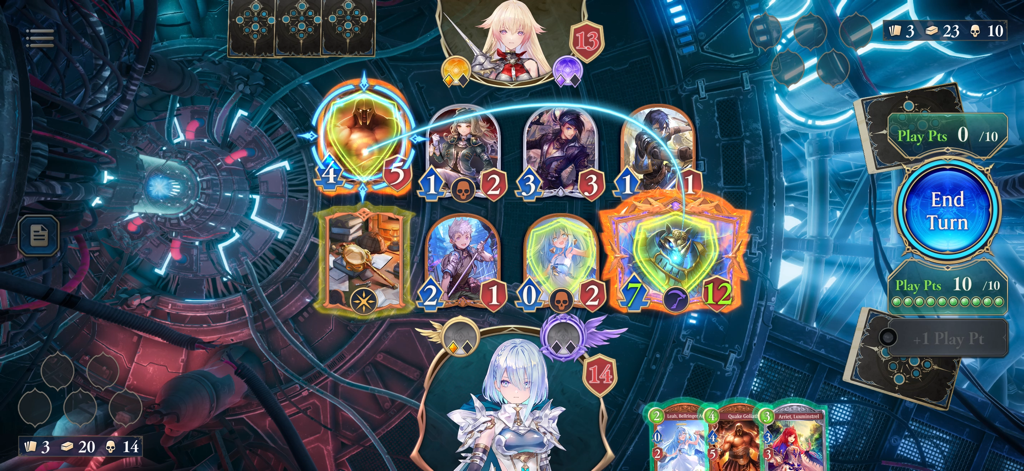 A strategic card battle scene in Shadowverse Worlds Beyond with anime style characters and super evolution effects