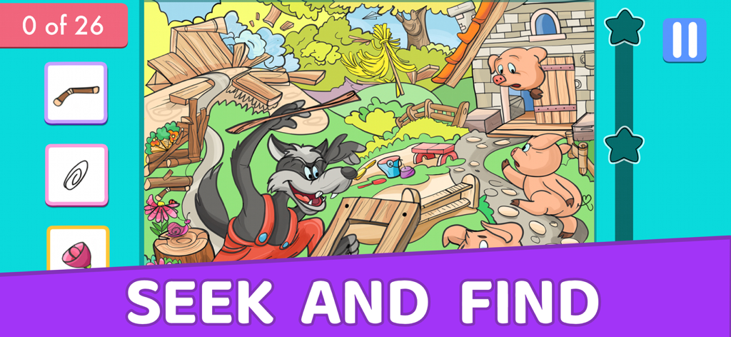 Eine Such- und Findspielszene mit den drei kleinen Schweinchen und dem bösen Wolf