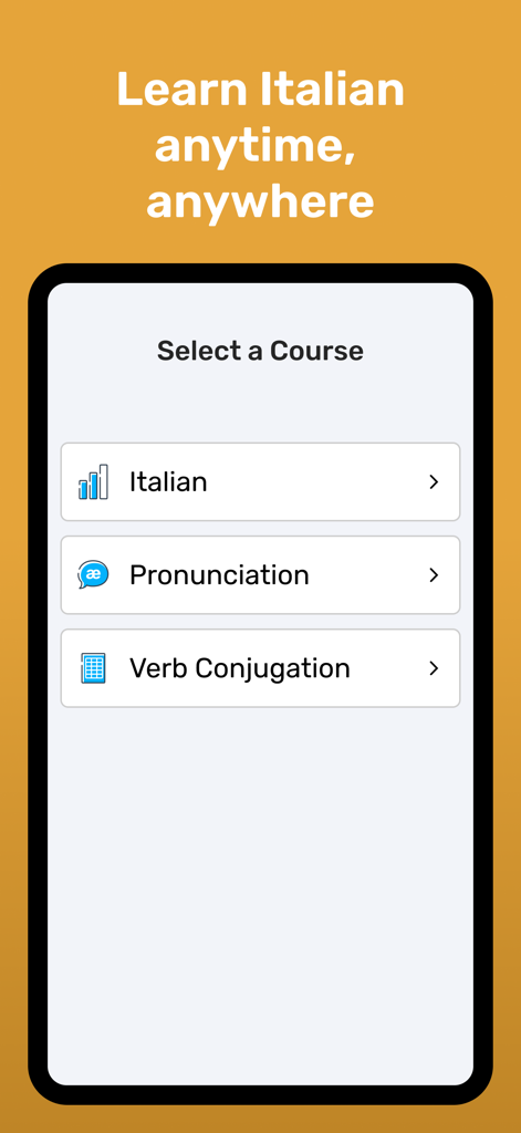 Wlingua - Learn Italian - Mobile screen showing options to select Italian language courses including pronunciation and verb conjugation