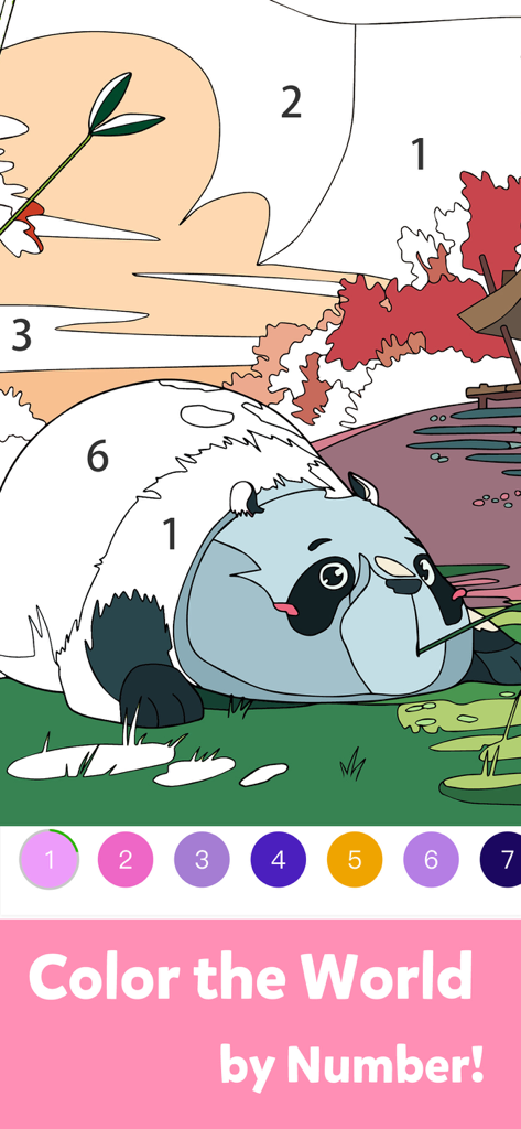 A digital color by number interface featuring a panda illustration in the Color Master app.