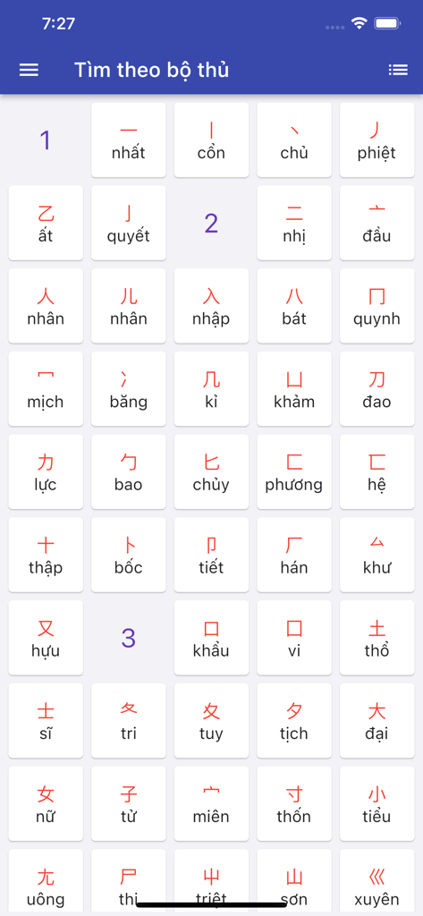 Lantern Dict - Từ điển chữ Hán - Una cuadrícula de radicales chinos con sus nombres fonéticos vietnamitas para búsqueda y estudio en la aplicación Lantern Dict