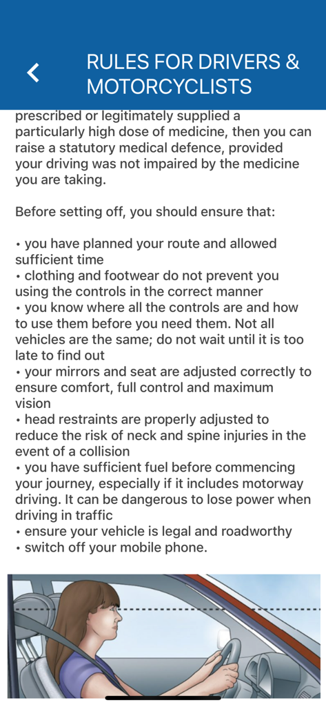 Turks & Caicos Driving Theory - Rules for drivers and motorcyclists screen from the Turks and Caicos Driving Theory app showing a checklist for road safety
