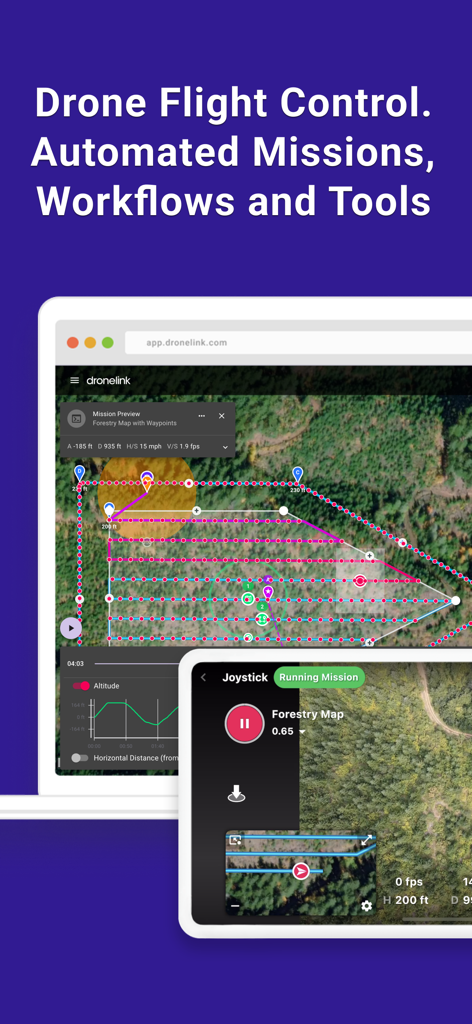 Dronelink Flight app interface showing automated drone mission planning and forestry mapping workflows on web and mobile devices.