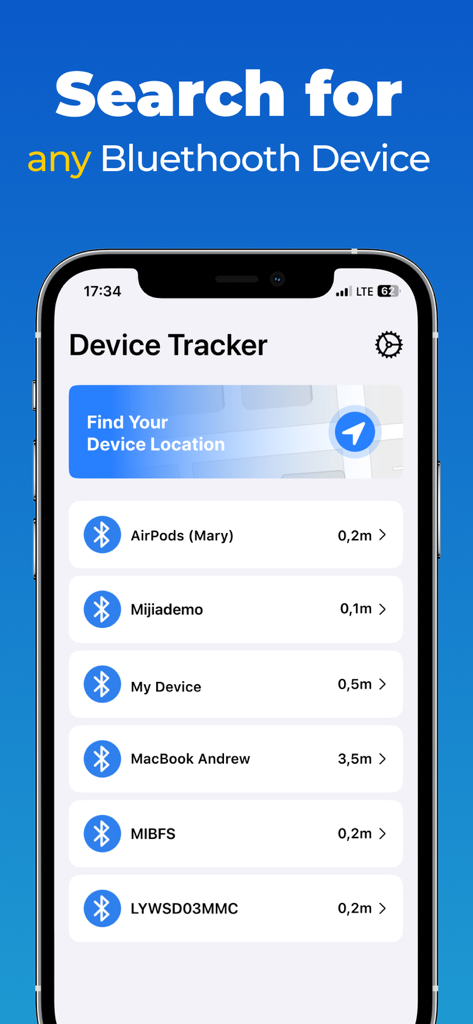 Air Finderアプリの画面に、追跡中のBluetoothデバイスとその距離のリストが表示されています。