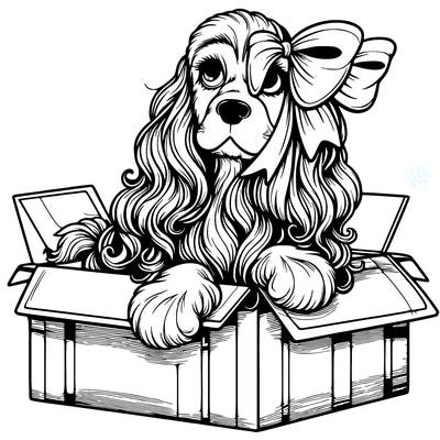 a spaniel american cocker with a beautiful bow coming out if a box realistic cute