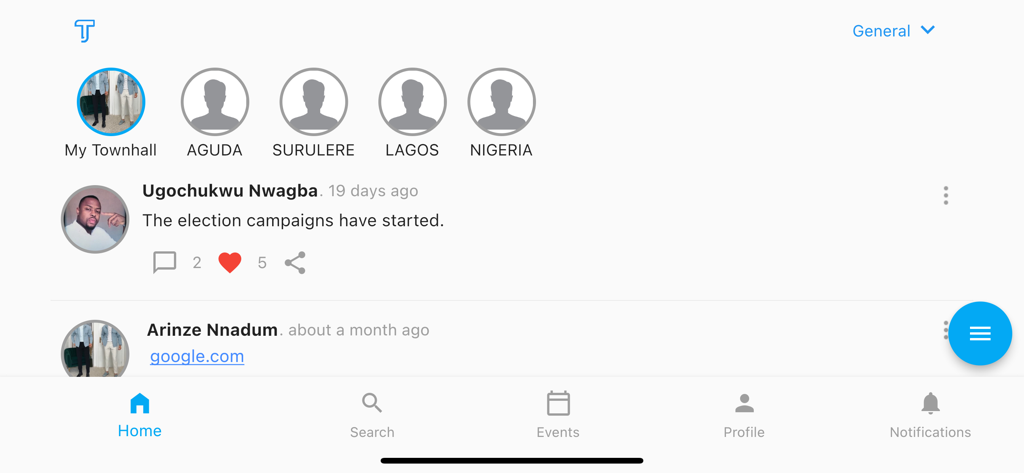 Pantalla de la interfaz de la aplicación Townhall que muestra el feed de noticias de la comunidad y categorías basadas en la ubicación