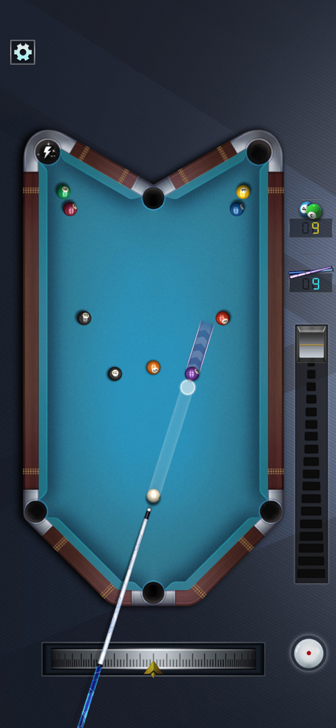 Top down gameplay view of Super 3D Pool showing a cue stick aiming a shot on a unique V shaped billiards table