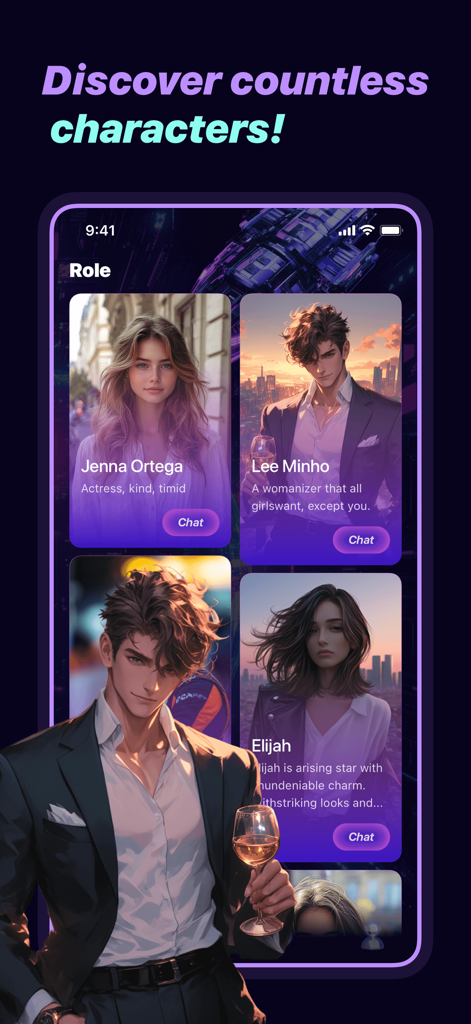 TanStar - Captura de pantalla de la interfaz de la aplicación TanStar que muestra una galería de personajes de IA para sesiones interactivas de rol y chat.