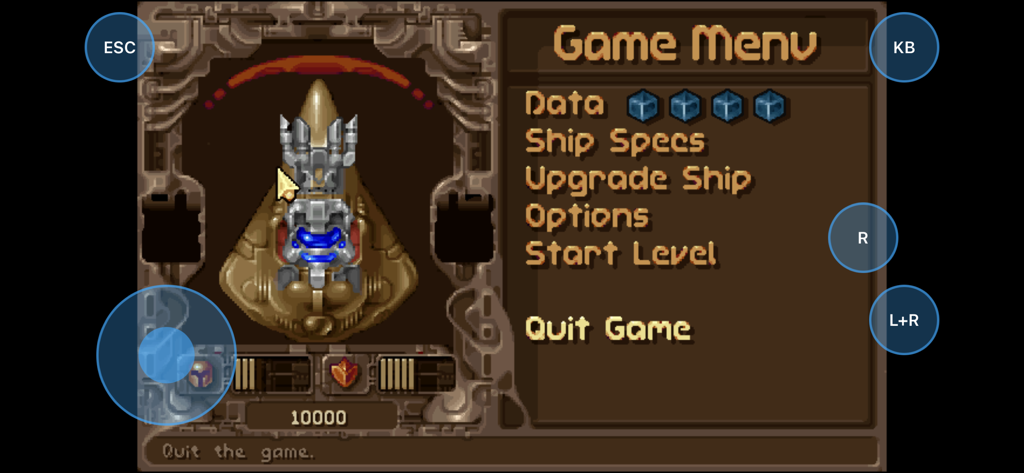 Tyrian 2000 - Tyrian 2000 Spielmenübildschirm mit Optionen zur Schiffsanpassung und überlagerten mobilen Touch-Steuerungen.