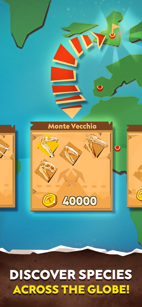 Dino Quest 2: Jurassic Museum - Uma interface de mapa mundial no Dino Quest 2 mostrando locais de escavação de fósseis de dinossauros em todo o mundo.