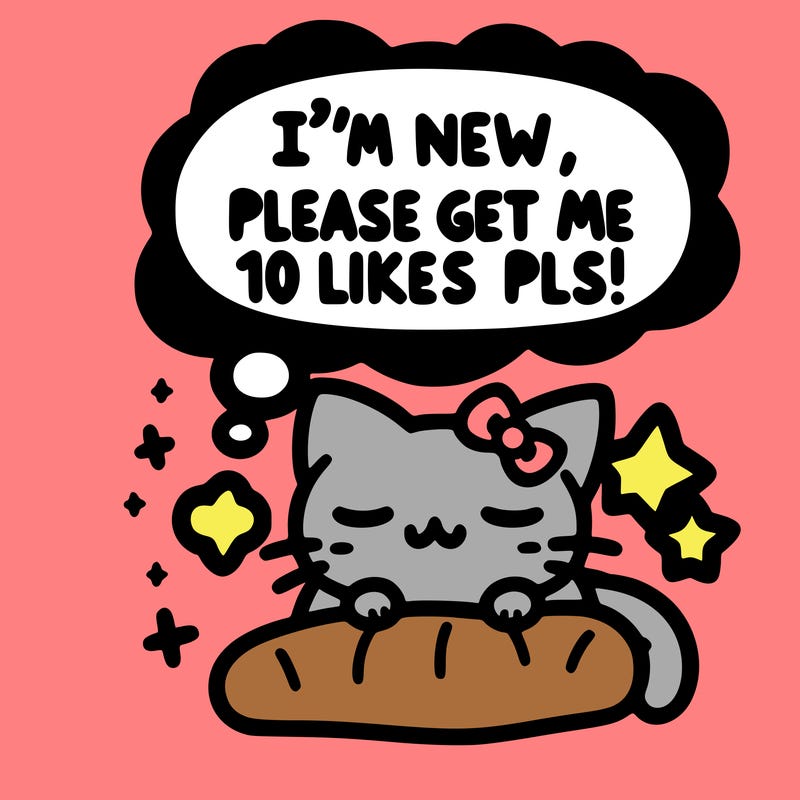 kitty taking a nap dream talking and saying "i'm new, please get me at least 10 likes pls!!"