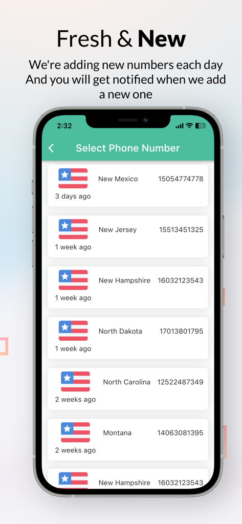 Interface of the Receive SMS Online app showing a list of available virtual phone numbers from various US states for SMS verification.