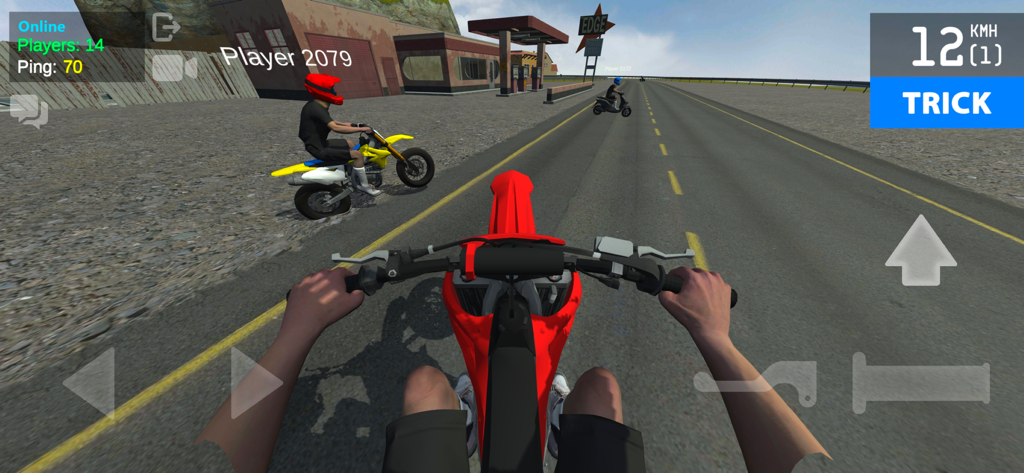 First person view of a red dirt bike in Wheelie Life 2 online multiplayer mode with other riders.