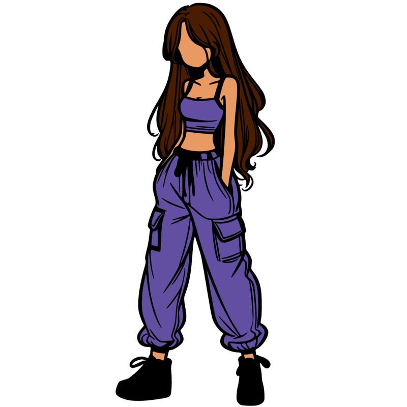 girl in baggy pants crop top and long hair