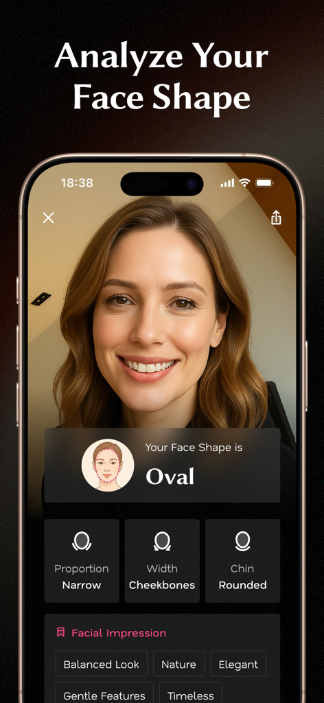 Glowify app interface showing AI analysis of a woman's face shape as oval with detailed facial proportions