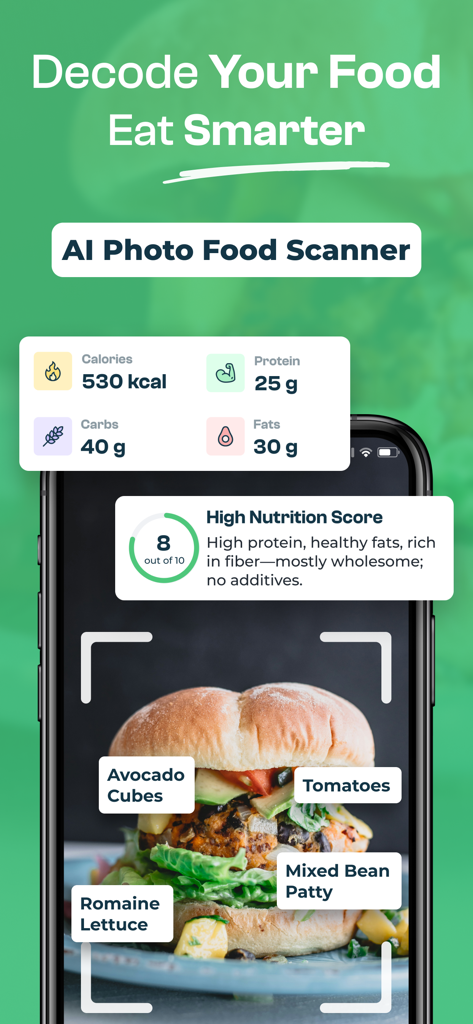 seefood - AI Food Scanner - A smartphone interface of seefood app scanning a veggie burger showing nutritional facts and labeled ingredients like avocado and bean patty