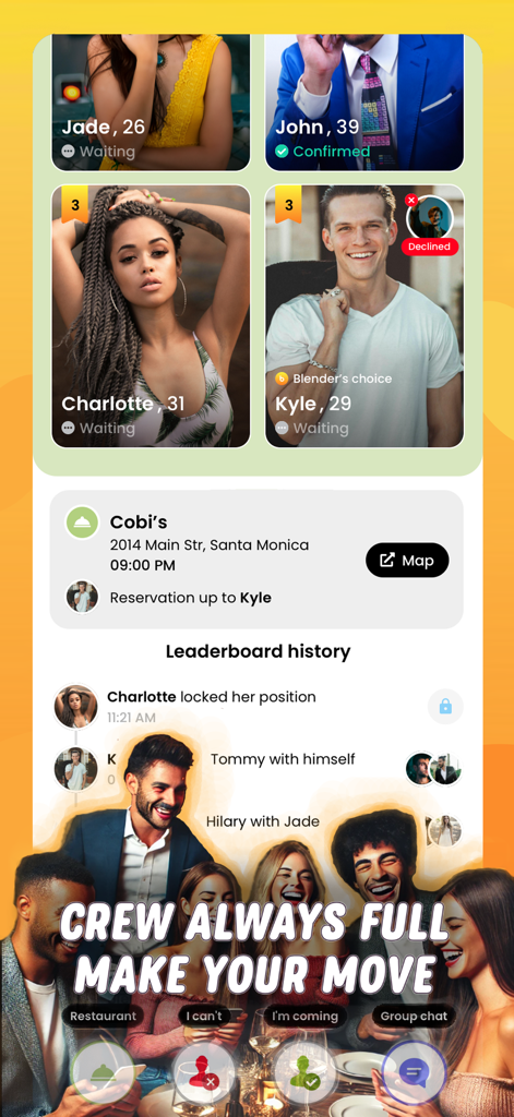 Screenshot of the Blender app showing a group dinner reservation in Santa Monica with participant profiles and leaderboard history.