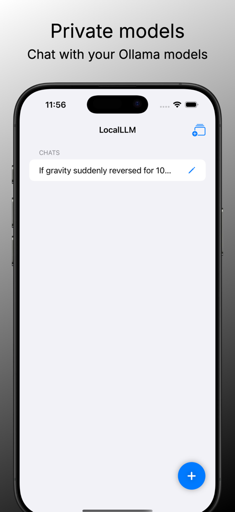 Private LLM app interface showing a list of chats for self-hosted Ollama models on an iPhone.