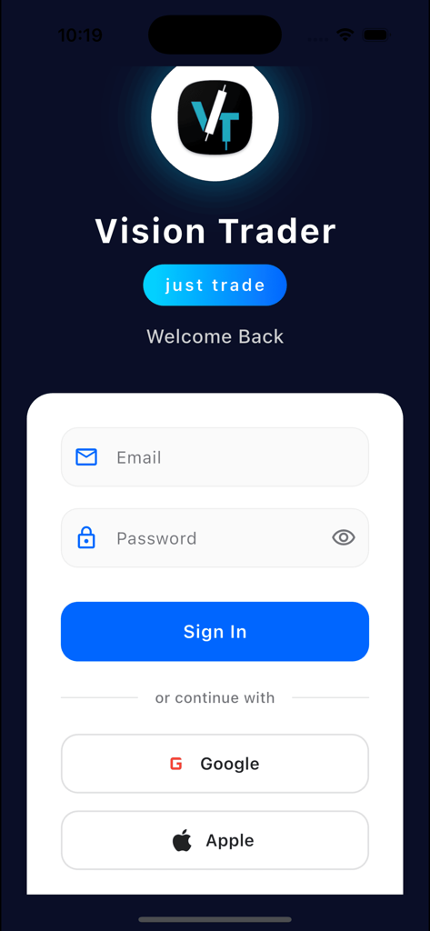 Vision Trader login screen featuring email and password input fields with Google and Apple sign in options