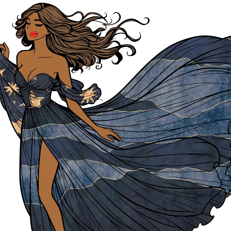 realistic woman in dress flowing the the wind