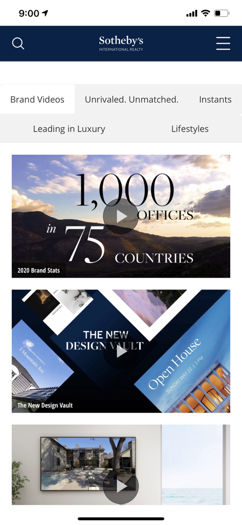 Sotheby's International Realty - Brand videos section of the Sotheby's International Realty app showcasing global reach and design vault.