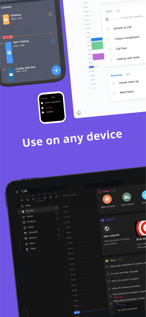 Daily Planner, Schedule: Brite - Applicazione Brite Daily Planner mostrata su schermi iPhone, iPad, Apple Watch e desktop.