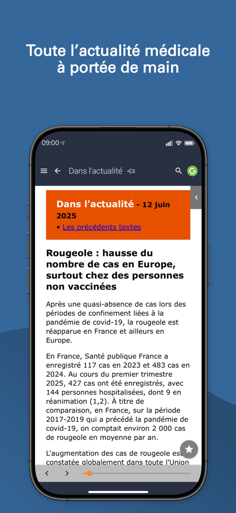 Application Prescrire - Smartphone-Oberfläche der Prescrire-App, die einen medizinischen Nachrichtenartikel über Masernfälle anzeigt