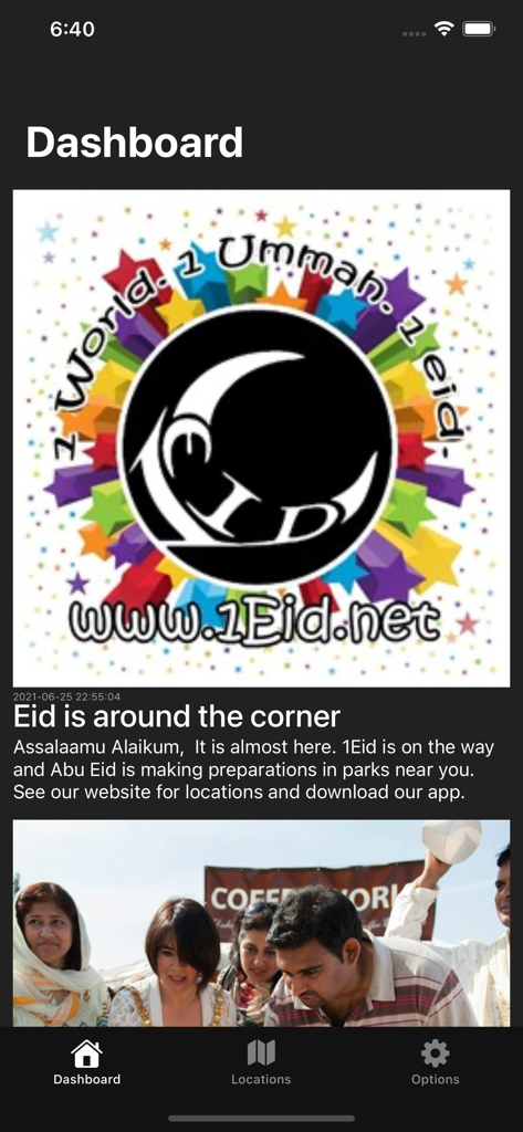 When's Eid? - Dashboard der Whens Eid App mit Nachrichten-Updates und Gemeinschaftsveranstaltungen