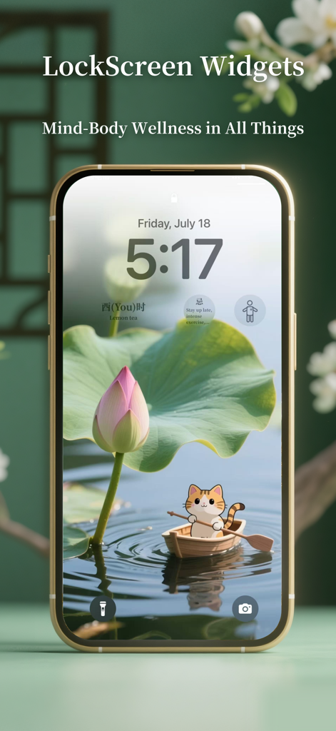 iPhone lock screen showing 12 Hour Health wellness widgets and a serene lotus wallpaper with a cute cat in a boat.