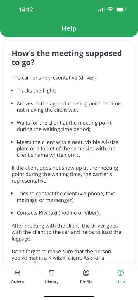 Kiwitaxi Driver - Kiwitaxi Driver app help screen showing instructions for meeting clients including flight tracking and nameplate requirements