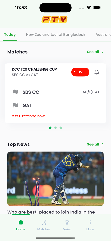 Home screen of PTV Live Cricket app featuring live scores and news updates