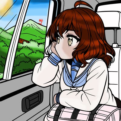 anime girl sighing with elbow on window sill on the back seat of the car looking outside the window of the car