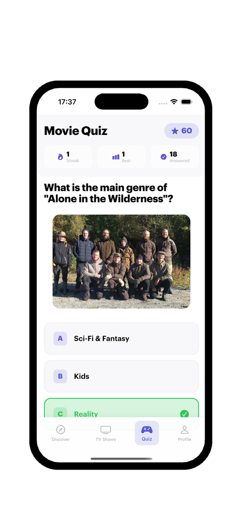 Cintraily - Movies & Shows - Interface de la fonctionnalité Movie Quiz dans l'application Cintraily montrant une question de trivia avec des options à choix multiples.