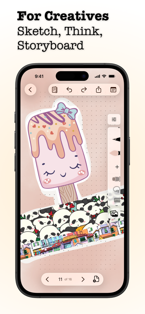 Penbook Pencil Notebook - iPhone screen showing the Penbook app with a creative drawing of a popsicle and panda stickers