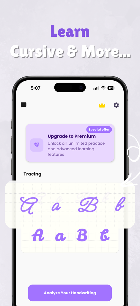 Handwriting Practice: Inkflow - Pantalla de smartphone que muestra ejercicios de trazo de escritura cursiva en la aplicación Inkflow