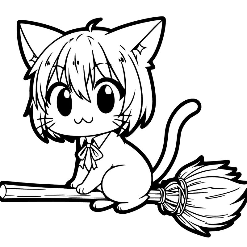 anime cat riding on a broomstick