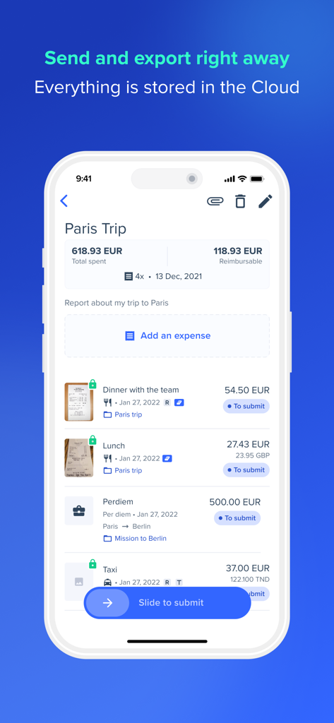 Expensya mobile app showing trip expenses and a submission button