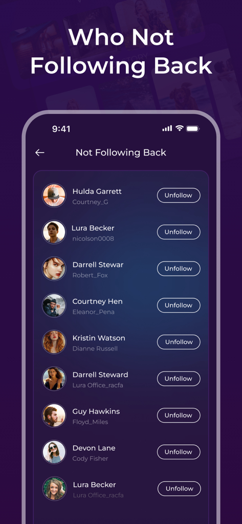 Unfollowers: Followers Tracker - Mobile app interface showing a list of Instagram accounts that are not following back with buttons to unfollow each one.