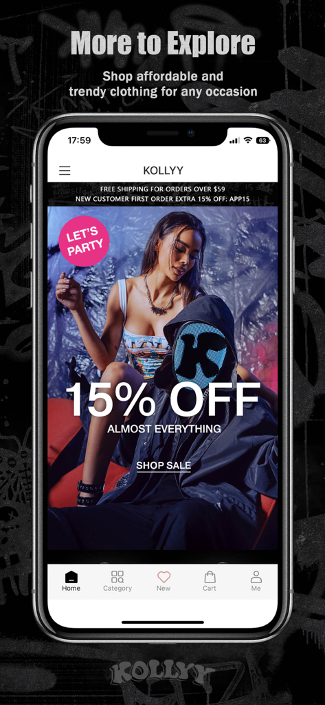KOLLYY - Clothing & Fashion - Kollyy fashion app home screen featuring a fifteen percent discount on streetwear and edgy designer clothing