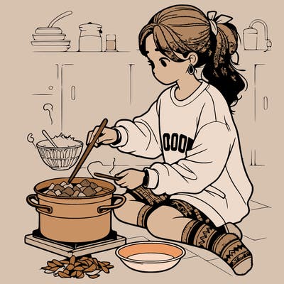 girl with sweatshirt and socks cooking, very realistic