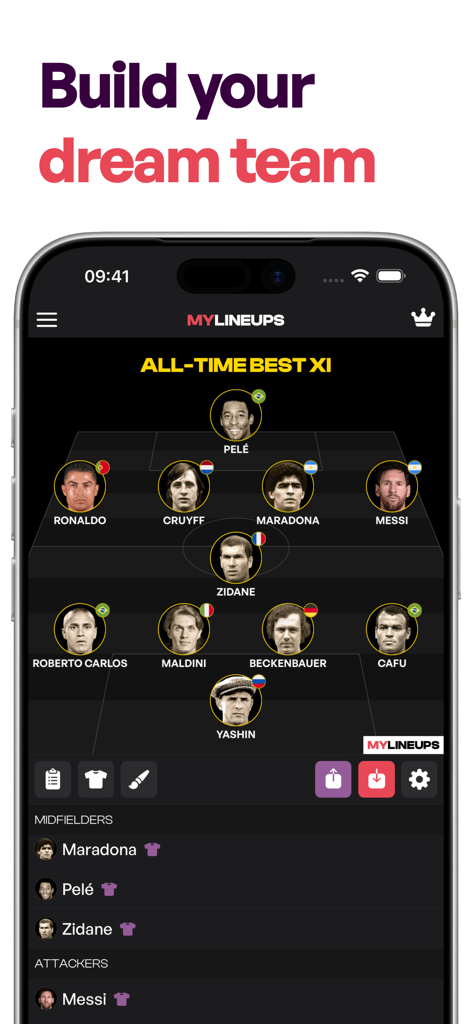 Lineup Builder - MyLineups - Mobile app interface showing a soccer dream team formation with legendary players like Pele and Messi