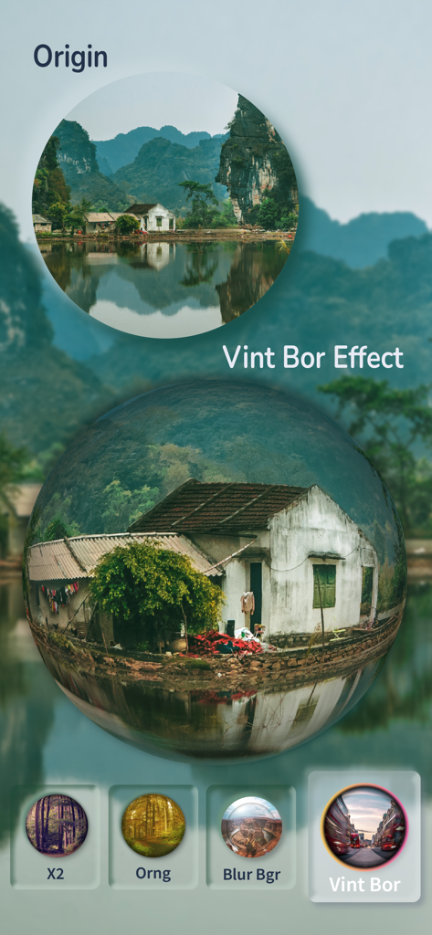 Fish eye camera & Video Square - A smartphone interface showing a vintage fisheye lens effect applied to a photo of a house by a lake