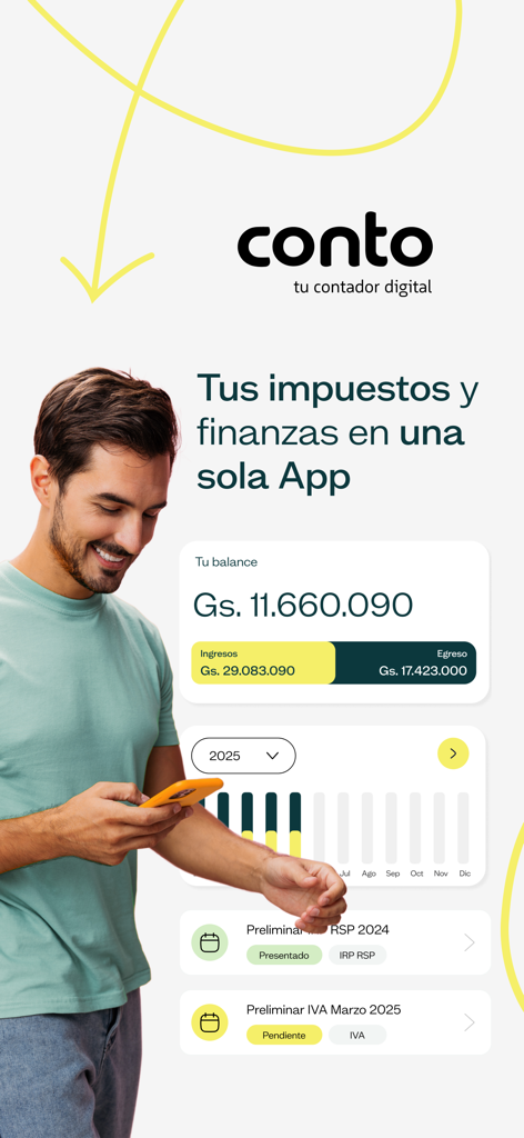 conto - Un hombre usando la aplicación móvil Conto para gestionar impuestos de contabilidad digital y finanzas empresariales