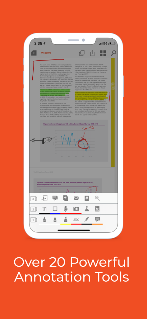 Tela do iPhone exibindo um documento PDF com várias anotações, incluindo destaques, carimbos e notas manuscritas usando o iAnnotate 4.