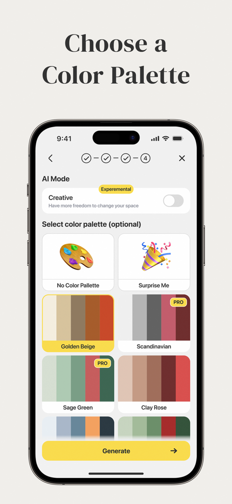 AI Home Design - Decorio - Mobile interface of the Decorio app showing a selection of color palettes for AI interior design including Sage Green and Golden Beige.