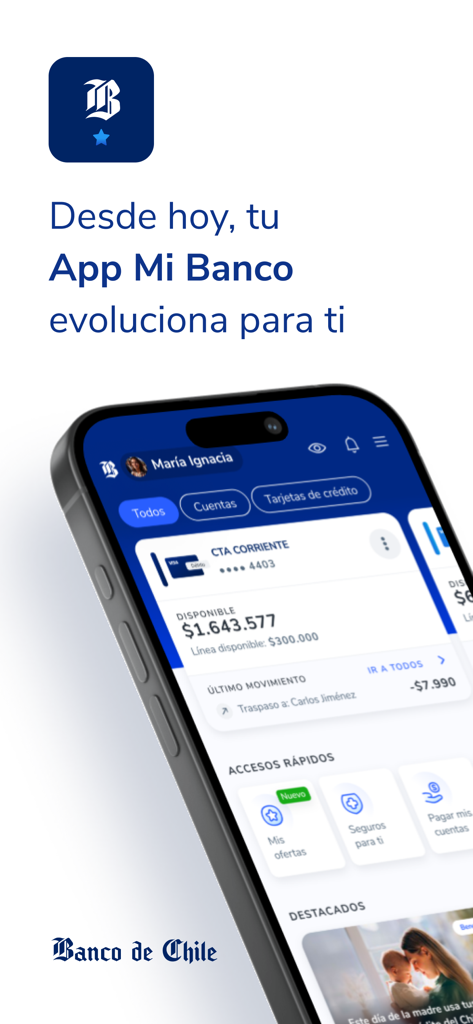 Pantalla del tablero de la aplicación móvil Mi Banco Chile en un iPhone